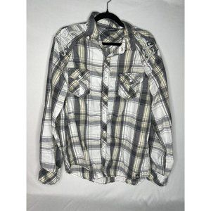 MK Machine Shirt Embroidered Swirl Over Plaid  Pockets Cotton XL Button Down